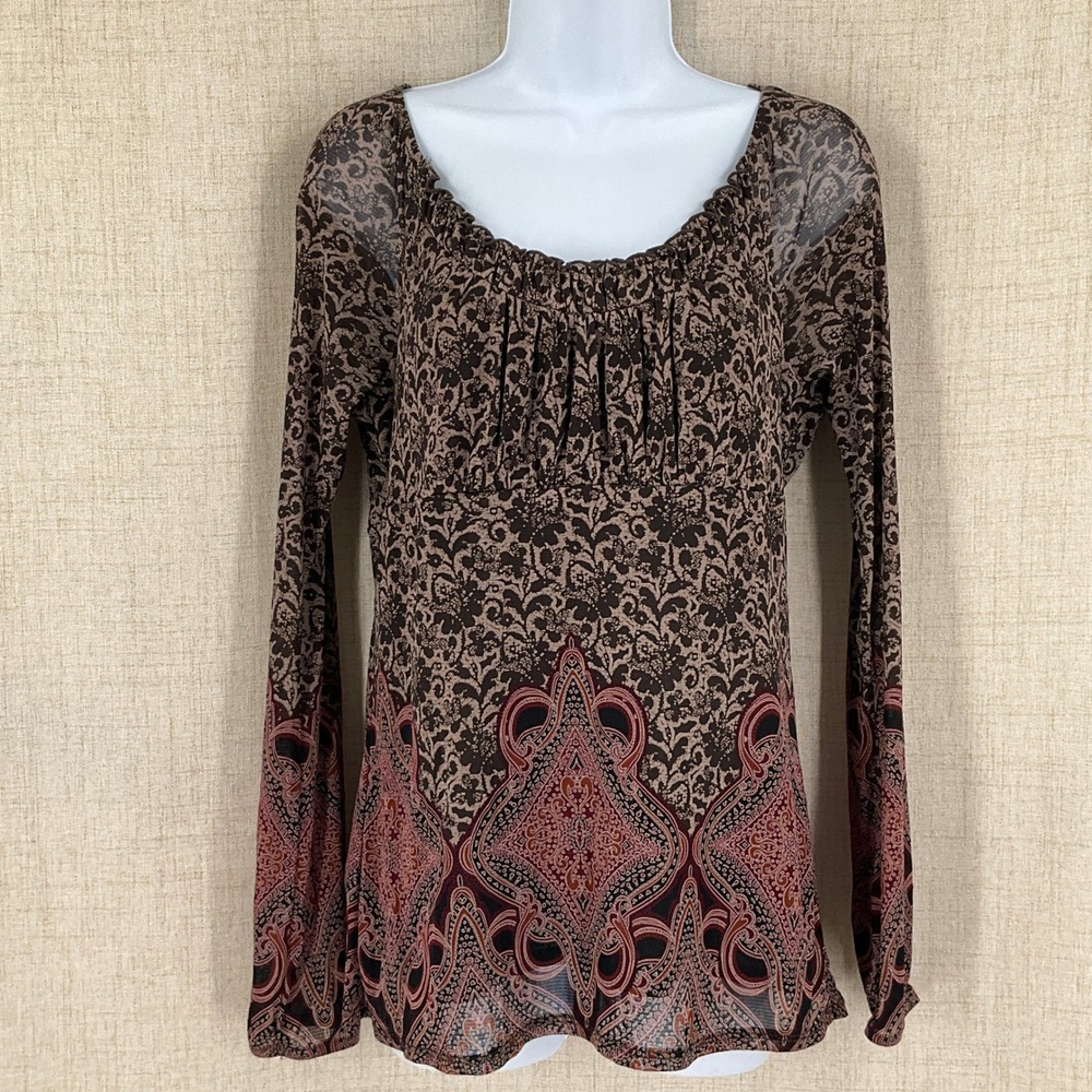 Axcess Y2k‎ Top Sz S Boho Geometric Hippie Red Funky Long Sleeve Mesh Blouse